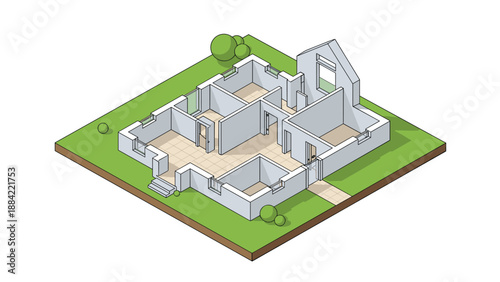 Isometric 3D view of a modern house floor plan showing internal walls and rooms set on a green lawn with small trees.