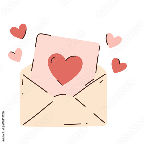 Cute hand-drawn vector of an open envelope with a love letter and floating hearts. Soft pastel romantic illustration ideal for Valentine’s Day, wedding stationery, love messages, greetings, and social