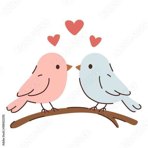 Cute hand-drawn vector of two pastel birds in love sitting on a branch with hearts above. Perfect for Valentine’s Day, wedding designs, romantic cards, nursery art, stickers, and social media visuals