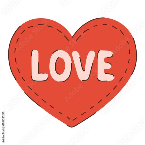 Cute hand-drawn red heart with stitched outline and “LOVE” lettering. Romantic vector illustration ideal for Valentine’s Day cards, wedding designs, love messages, stickers, prints, and social media g