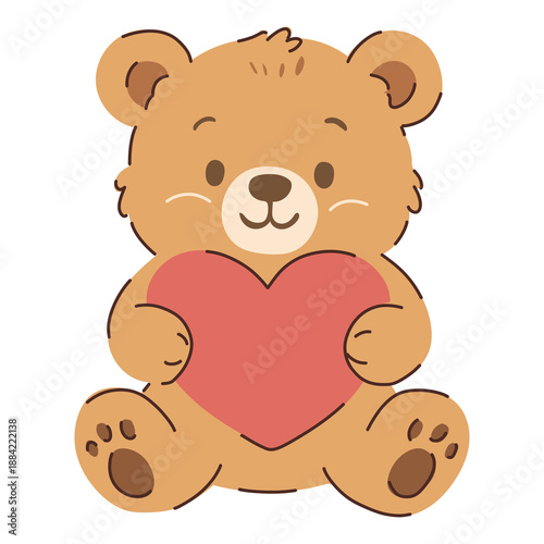 Adorable hand-drawn teddy bear holding a heart in soft pastel colors. Cute romantic vector for Valentine’s Day, kids designs, love cards, stickers, nursery decor, gifts, and social media posts