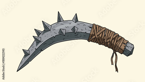 Primitive ancient weapon featuring a curved wooden club reinforced with sharp gray stone spikes and wrapped with cord.