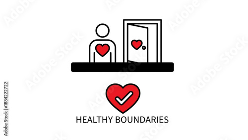 Minimal Continuous Line Colorful Icons of Healthy Boundaries, Person Behind Heart Line, Door Closing with Heart, Heart with Check Mark