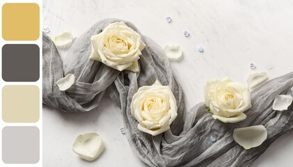 Rose flowers with beads and grey fabric on light background. Different color patterns