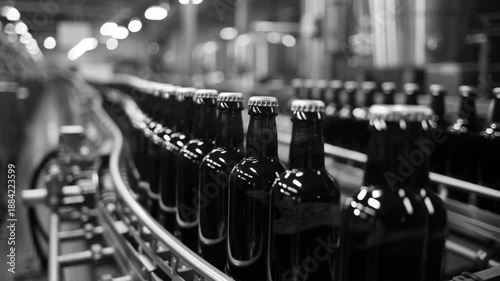 A black and white showing rows of glass beer bottles moving along an assembly line in a bustling factory setting. The bottles are clear with caps