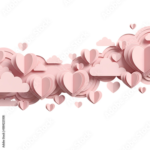 3D pink paper hearts chain cutout isolated on transparent background