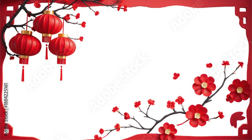 Vibrant Chinese New Year Decoration with Red Lanterns and Plum Blossoms on Transparent Background