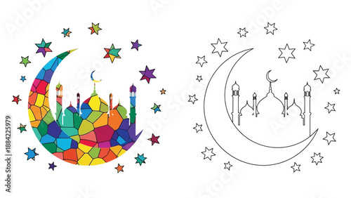 Colorful crescent moon stars and mosque design alongside a line art version