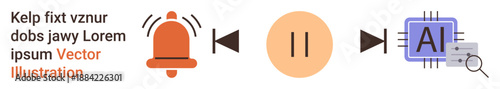 Technology, digital communication, AI processing, automation, alerts, innovation. Elements include an alert bell, pause button and AI chip. Technology and digital communication