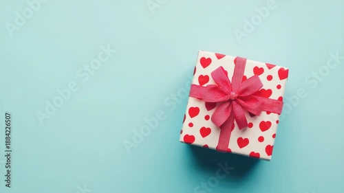 A small heart-covered gift box tied with a red bow on a blue surface