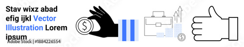 Financial literacy, investment growth, business success, professional development, wealth management, and positive feedback. Hand holding a coin, briefcase graphs and thumbs-up icon. Financial