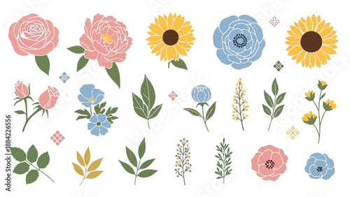 Assorted flowers and leaves arranged in an illustration with various blooms and foliage