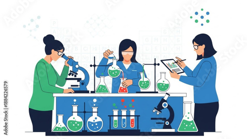 Three women in lab coats conducting experiments with microscopes and beakers in a laboratory setting with blue workbench