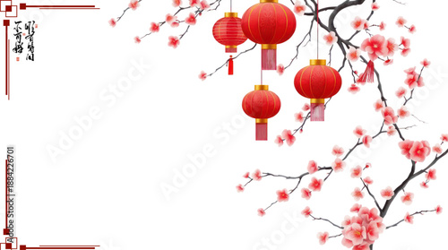 Elegant Chinese New Year Background with Red Lanterns and Delicate Pink Cherry Blossoms on Transparent