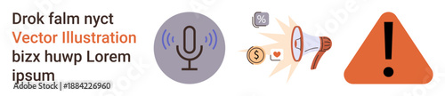 Digital marketing, audio communication, media alerts, content creation, notifications, sound design. Collection of microphone, megaphone money sign heart and warning symbol icons. Communication