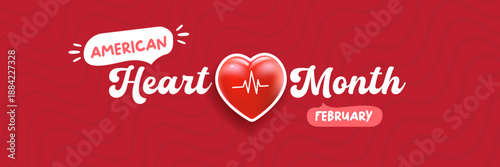 American Heart Month February banner vector illustration, creative 3D red heart with heartbeat pulse on a wavy background, medical awareness and cardiovascular health promotion. Heart Month logo