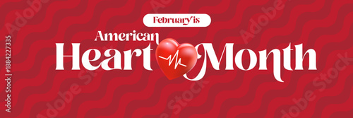 American Heart Month February banner vector illustration, creative 3D red heart with heartbeat pulse on a wavy background, medical awareness and cardiovascular health promotion. Heart Month logo