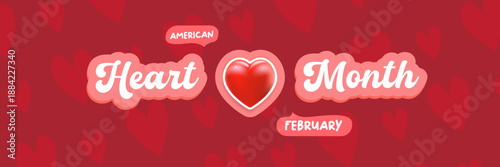 American Heart Month February banner vector illustration, creative 3D red heart with heartbeat pulse on a wavy background, medical awareness and cardiovascular health promotion. Heart Month logo