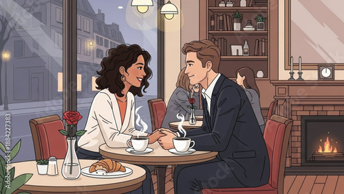 Couple on romantic coffee date in cozy cafe with fireplace and city view at night