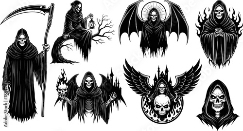 Grim Reaper illustration set, gothic skeletal figures with scythe, wings, flames, lantern, dark fantasy poses, horror-themed black and white artwork