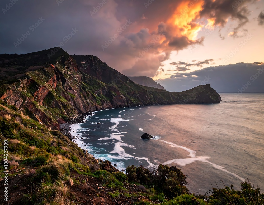 Obraz premium Dramatic Coastal Landscape at Sunset with Waves.