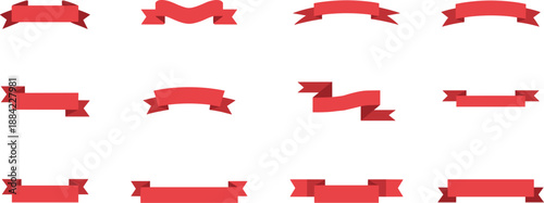 Red ribbon banner set with 12 unique shapes and folds, vector design elements for labels and headings