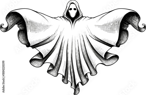 Ghostly cloaked figure with faceless hood and flowing robe, eerie monochrome illustration, supernatural horror character with haunting eye holes