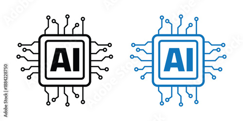 Artificial Intelligence AI Processor Chip Icon Set. Microchip Hardware and Circuitry Vector for Machine Learning Tech Design