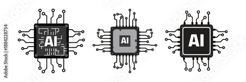 Artificial intelligence AI processor chip icon set with electronic circuit design, computer microchip vector illustration.