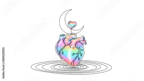 High-Quality Continuous Line Colorful Icons of Heart Floating on Water Ripples, Moon Cradling Heart, Emotional Rest