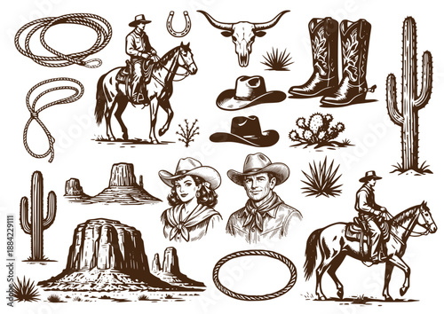 Vintage Wild West western vector illustration set featuring cowboys on horseback, cowgirl and cowboy portraits, lasso rope, cowboy hats, boots, bull skull, cactus plants and desert landscape elements 