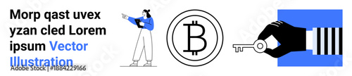 Woman examining details, Bitcoin logo in circle, hand with key for digital wallet security. Ideal for blockchain, cryptocurrency, finance, digital innovation, fintech, investment simple landing page