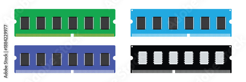 Computer RAM memory module icon set, DDR random access memory for laptop and PC hardware vector illustration.