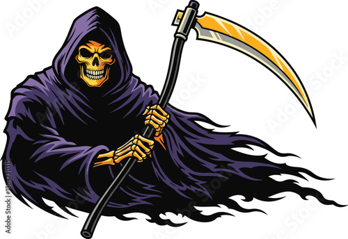 Stylized Grim Reaper with purple cloak and yellow skull, scythe-wielding skeletal figure, horror fantasy illustration, dramatic death symbolism