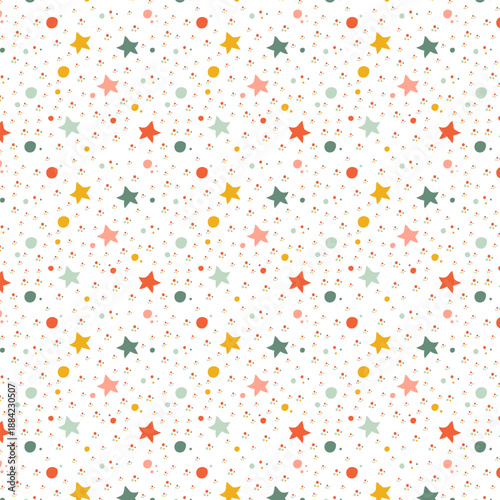 Cute seamless pattern with hand drawn stars and dots in pastel colors. Aesthetic nursery background for kids wallpaper and textile.