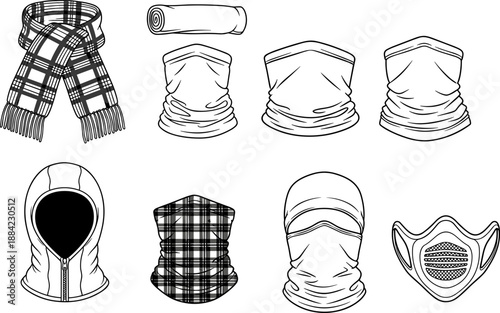 Winter neck and face coverings set, scarf, gaiter, hood, mask, cold weather gear illustration, outdoor protection accessories, black and white design