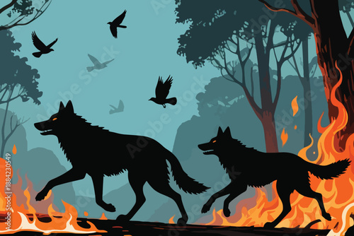 Two wolves walking through forest fire with glowing eyes, smoke, birds, and dramatic fiery background.