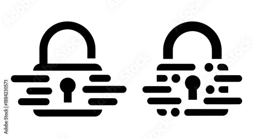 Data encryption and secure transfer icons featuring scanning padlock for digital information safety