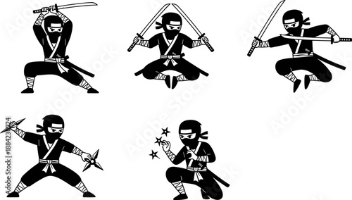 Ninja action pose illustration set, katana and shuriken combat stances, traditional black attire, dynamic martial arts cartoon characters