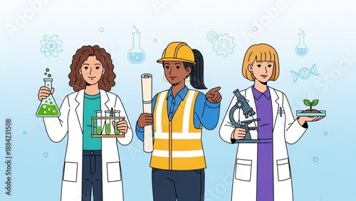 Three diverse scientists in lab coats and safety gear conducting experiments with various equipment and plants in a laboratory setting with a blue background and scientific