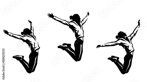 Silhouette of a woman jumping in a hoodie. Vector illustration of happy poses.
