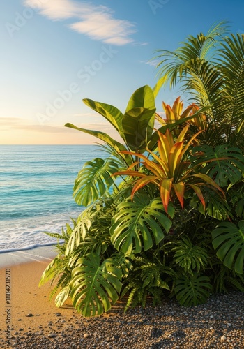 Lush, dense tropical plants and greenery flourishing by the ocean coastline. The vibrant ecosystem blends natural growth with sandy beach textures, island, bright, water