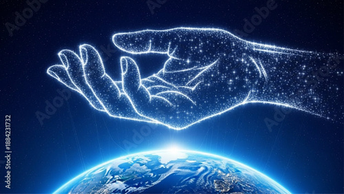 Cosmic hand over earth with energy network