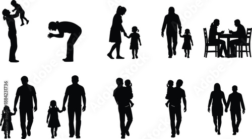Family silhouettes set showing parents and children walking, holding hands, caring and bonding moments isolated on white background for lifestyle design use