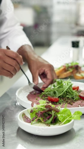 Wallpaper Mural Chef, hands and spoon in restaurant kitchen with plate, food preparation and fine dining cuisine. Person, cooking and utensils in diner with ingredients, catering and recipe for hospitality service. Torontodigital.ca