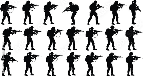 Military soldier silhouettes set showing tactical movement and combat poses with rifles, armed army troops isolated on white background