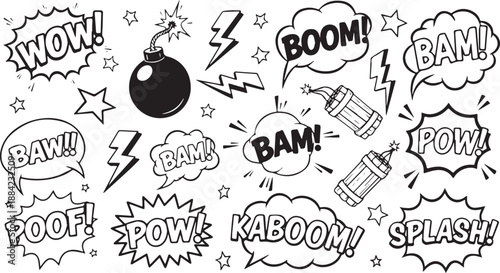 Comic Book Style Explosion and Sound Effect Bubbles Doodle Set.