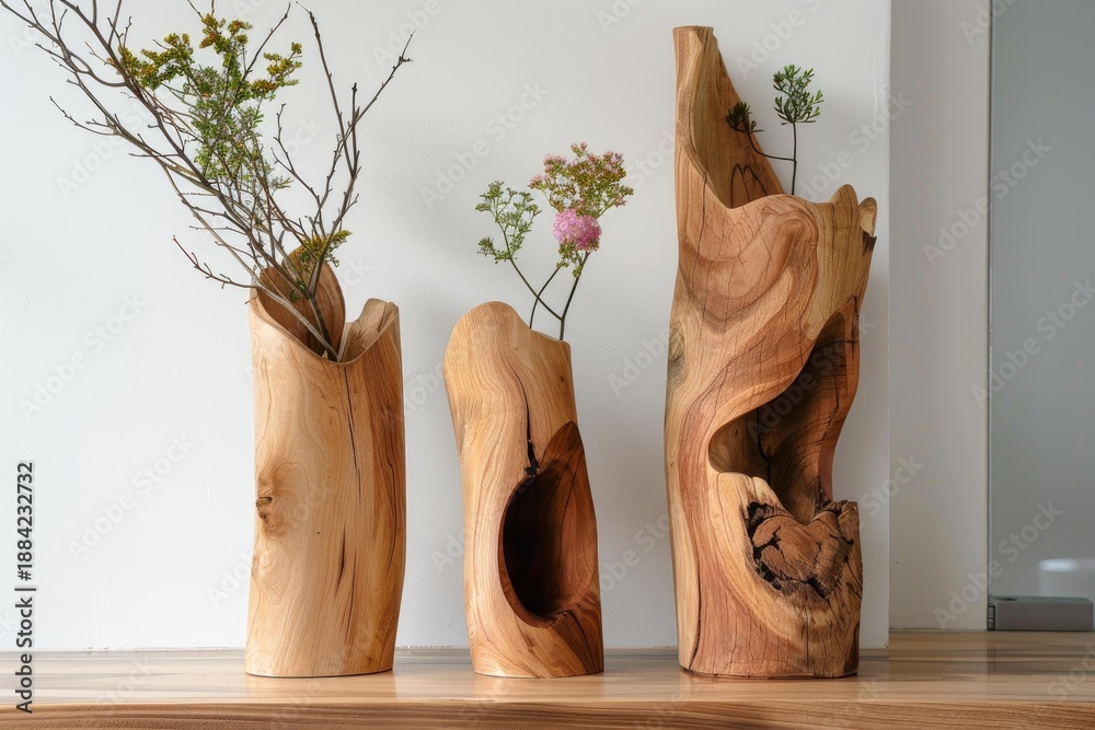 Fototapeta premium Three unique wooden vases carved from tree trunks, showcasing natural wood grain and texture, holding dried flowers and plants on a wooden table