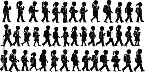 School children silhouettes walking with backpacks and books, students in different poses isolated on white background for education design use