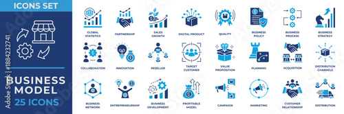 Business Model Icon Collection Set. Containing Statistics, Partnership, Sales Growth, Digital Product, Quality, Policy, Process, Strategy, Collaboration, Innovation icon. Flat Vector Illustration.